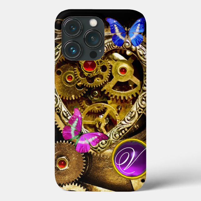 STEAM PUNK HEART,GEARS,GEMS,BUTTERFLIES MONOGRAM Case-Mate iPhone CASE (Back)
