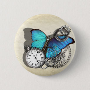 Steam Punk Teal Blue Butterfly Pocket Watch Chains 2 Inch Round Button