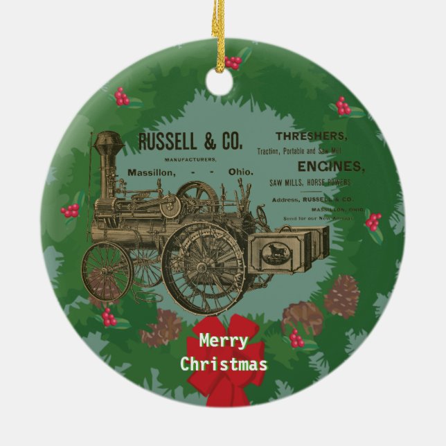 Steam Traction Engine 1889 Russell and Company Ceramic Ornament (Back)