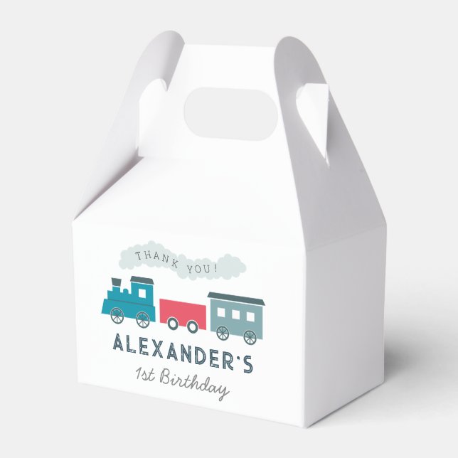 Steam Train Blue Boy Birthday Thank You Favor Box (Front Side)