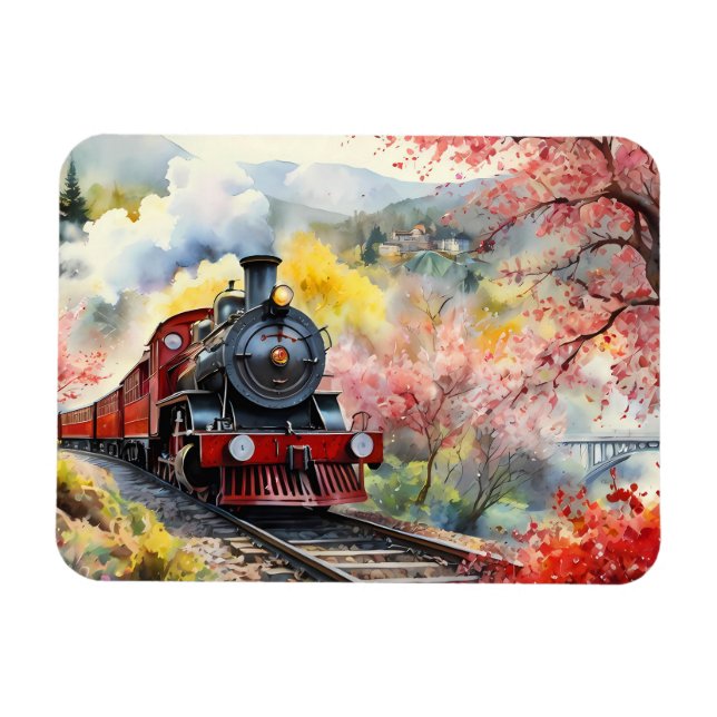 Steam Train Dreams Landscape Watercolour Artwork j Magnet (Horizontal)