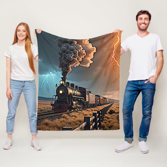 Steam Train Engine in a Storm Fleece Blanket (In Situ)