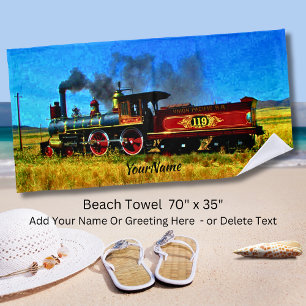 Steam Train Engine Locomotive - Add Your Name - Beach Towel