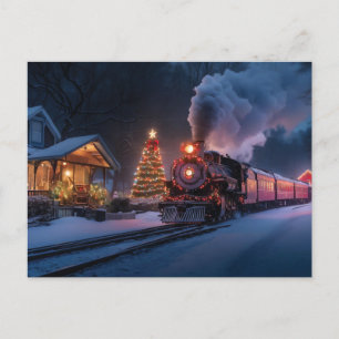 Steam train going through a Christmas town Postcard