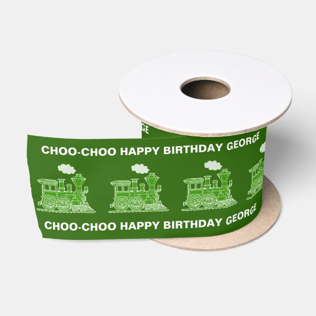 Steam train green railway birthday ribbon satin ribbon (Spool)