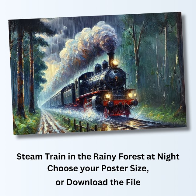 Steam Train in the Rainy Forest at Night, Railroad Poster (Creator Uploaded)