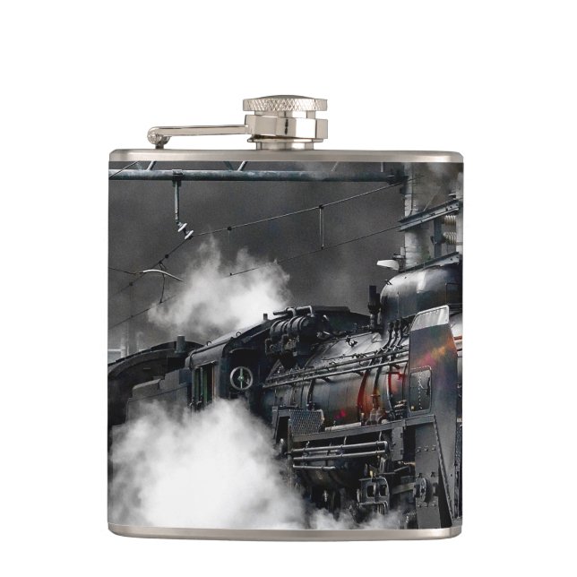 Steam Train Locomotive Transportation Night Hip Flask (Front)