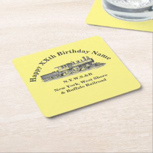 Steam Train Man's Birthday Party Square Paper Coaster