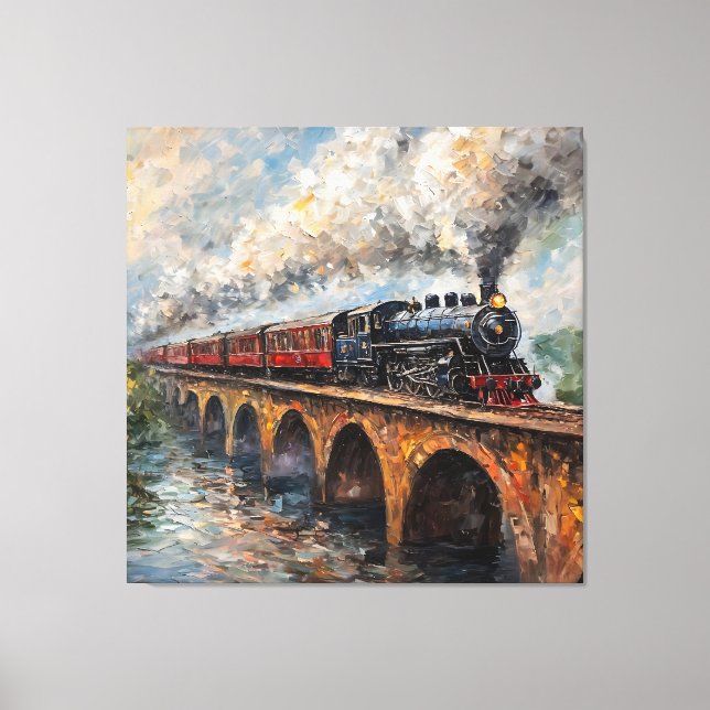 Steam Train on a Bridge - Oil Painting Canvas Print (Front)
