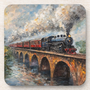 Steam Train on a Bridge - Oil Painting Coaster