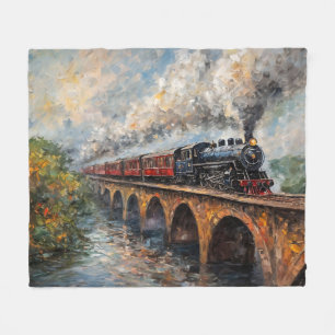 Steam Train on a Bridge - Oil Painting Fleece Blanket