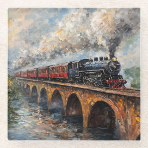 Steam Train on a Bridge - Oil Painting Glass Coaster