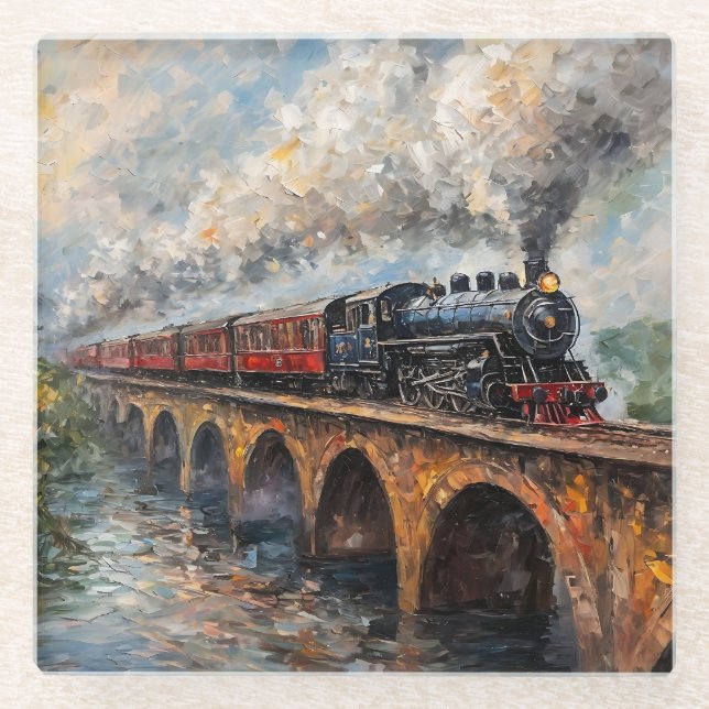 Steam Train on a Bridge - Oil Painting Glass Coaster (Front)