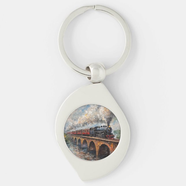 Steam Train on a Bridge - Oil Painting Keychain (Front)