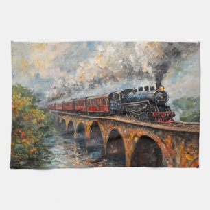 Steam Train on a Bridge - Oil Painting Kitchen Towel