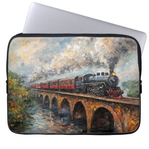 Steam Train on a Bridge - Oil Painting Laptop Sleeve
