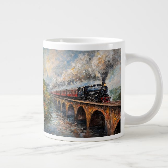 Steam Train on a Bridge - Oil Painting Large Coffee Mug (Right)