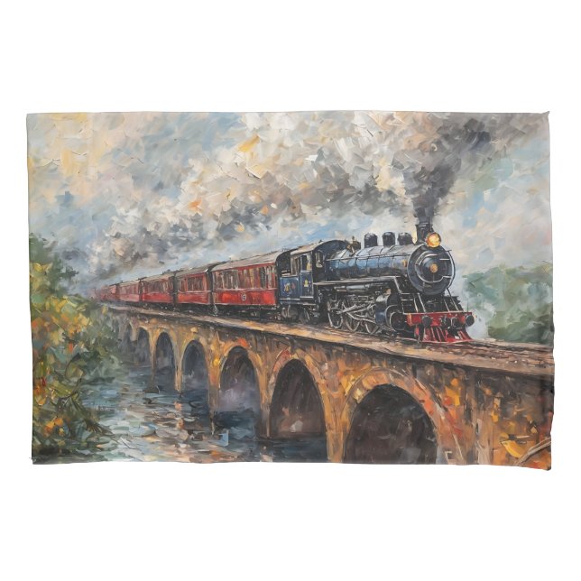 Steam Train on a Bridge - Oil Painting Pillowcase (Front)