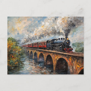 Steam Train on a Bridge - Oil Painting Postcard