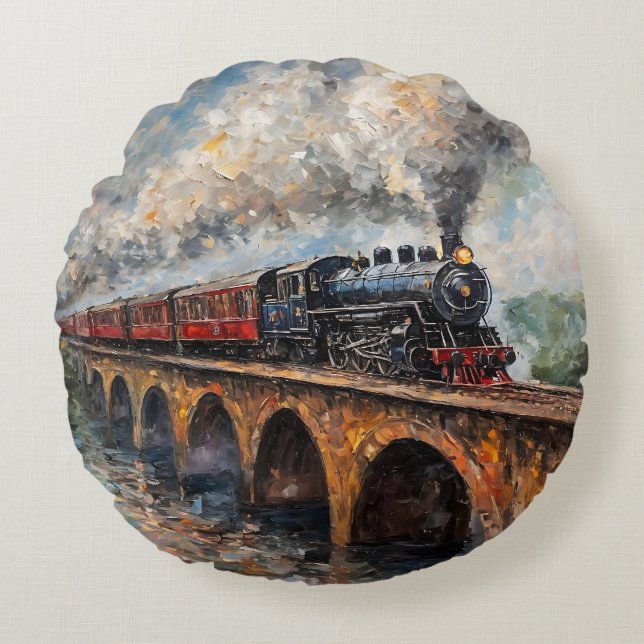 Steam Train on a Bridge - Oil Painting Round Pillow (Front)