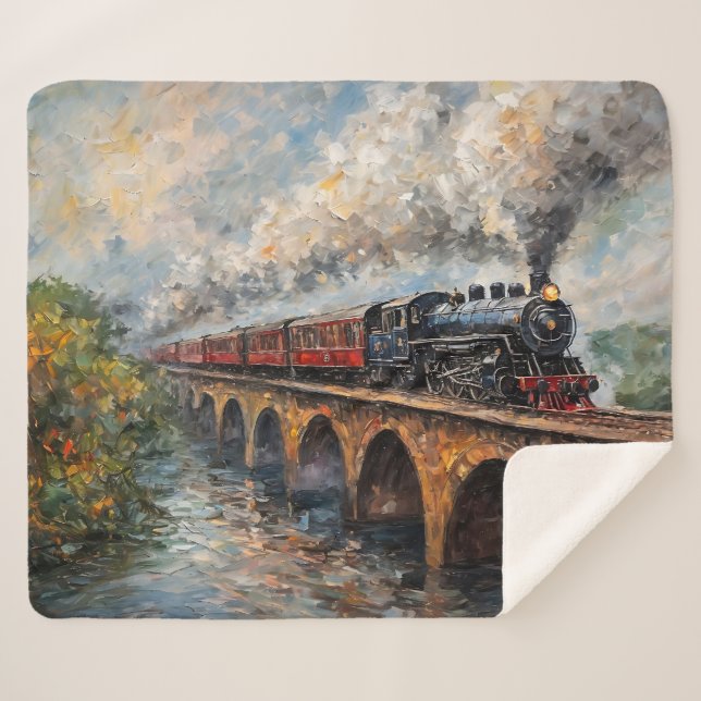 Steam Train on a Bridge - Oil Painting Sherpa Blanket (Front (Horizontal))