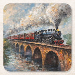 Steam Train on a Bridge - Oil Painting Square Paper Coaster