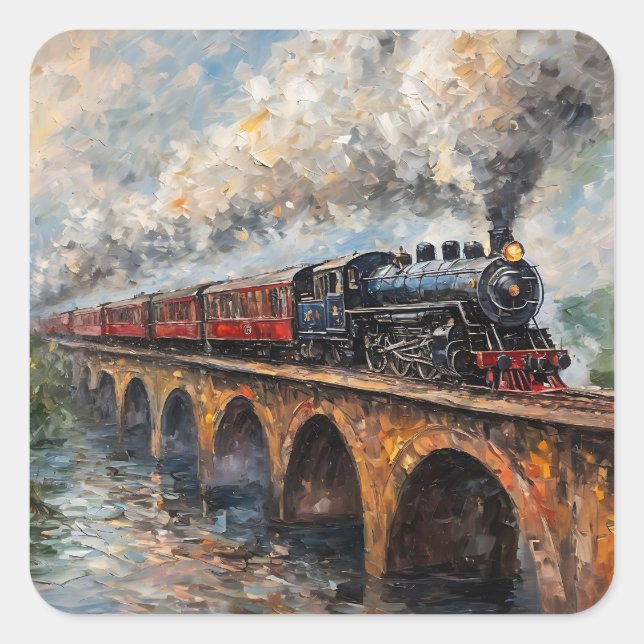 Steam Train on a Bridge - Oil Painting Square Sticker (Front)