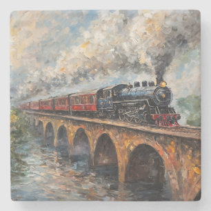 Steam Train on a Bridge - Oil Painting Stone Coaster