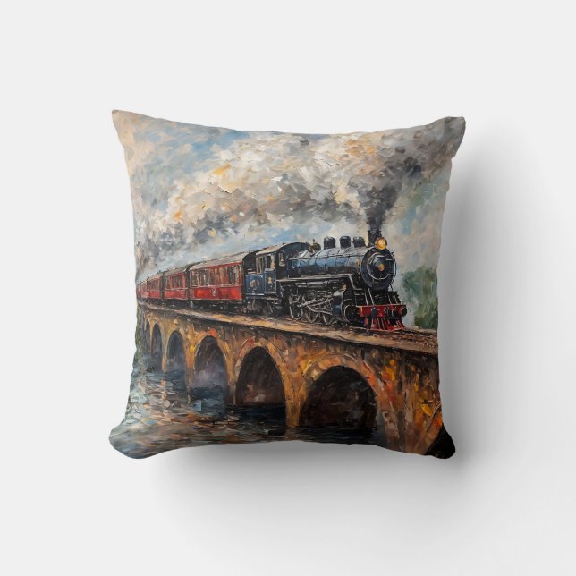 Steam Train on a Bridge - Oil Painting Throw Pillow (Front)