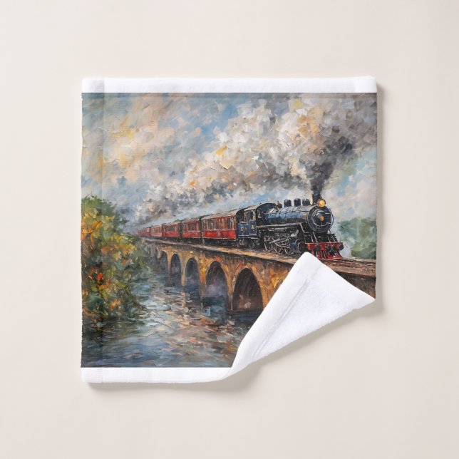 Steam Train on a Bridge - Oil Painting Wash Cloth (Wash Cloth)
