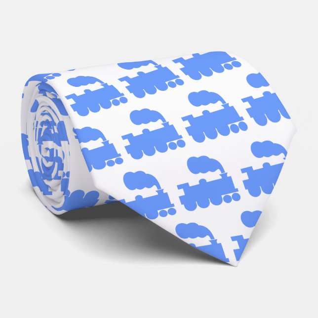 Steam Train Pattern - Baby Blue on White Tie (Rolled)
