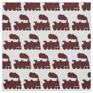 Steam Train Pattern - Dark Brown on White Fabric