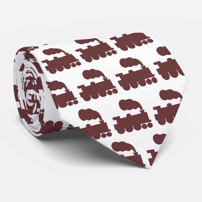 Steam Train Pattern - Dark Brown on White Tie (Rolled)