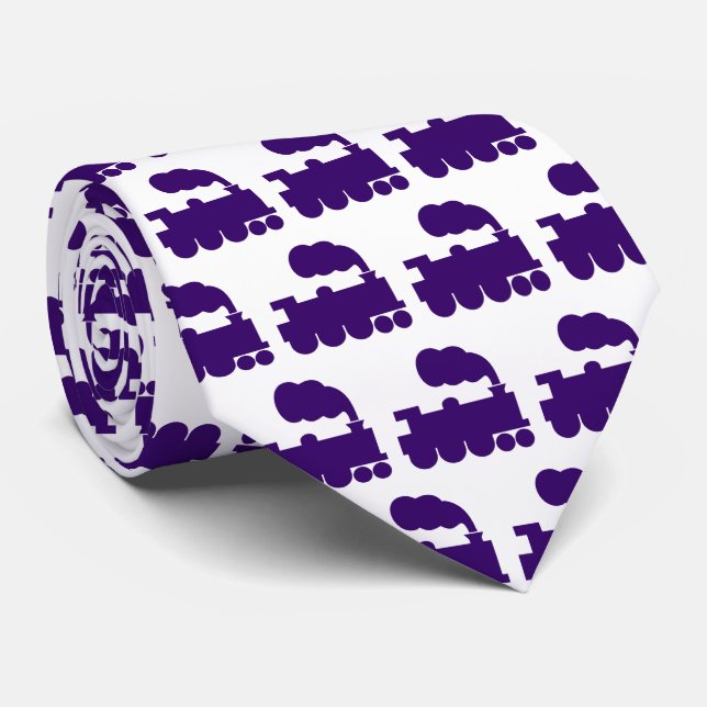 Steam Train Pattern - Deep Purple on White Tie (Rolled)