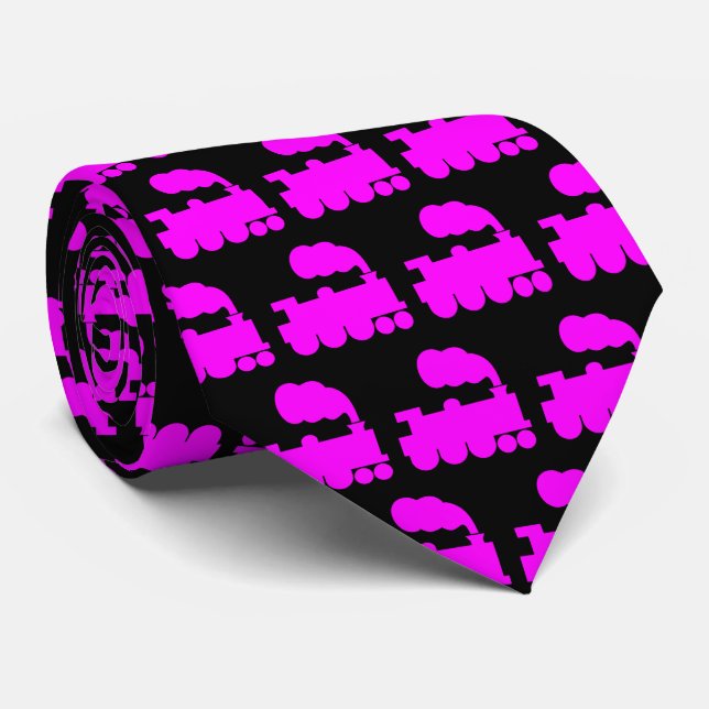 Steam Train Pattern - Magenta on Black Tie (Rolled)