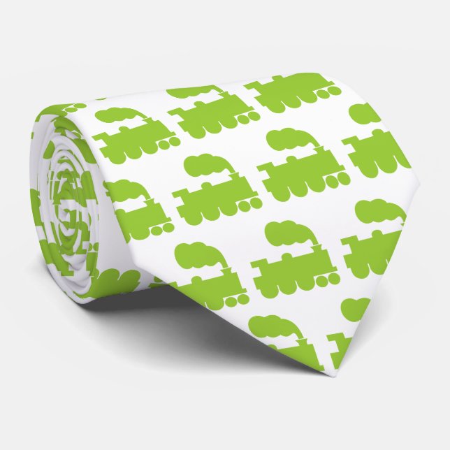 Steam Train Pattern - Martian Green on White Tie (Rolled)