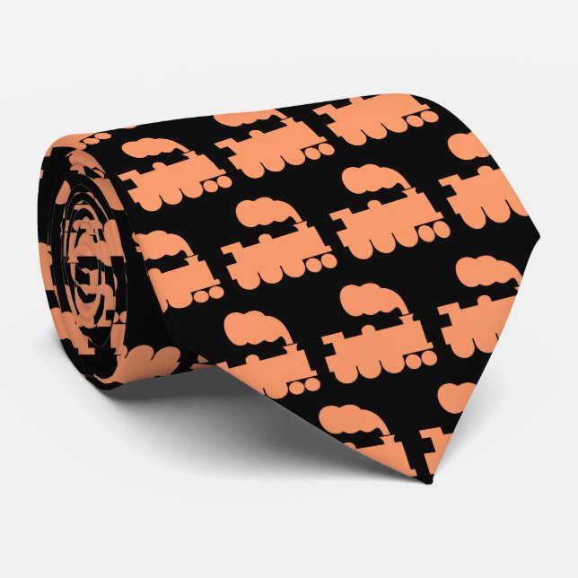 Steam Train Pattern - Peach on Black Tie (Rolled)
