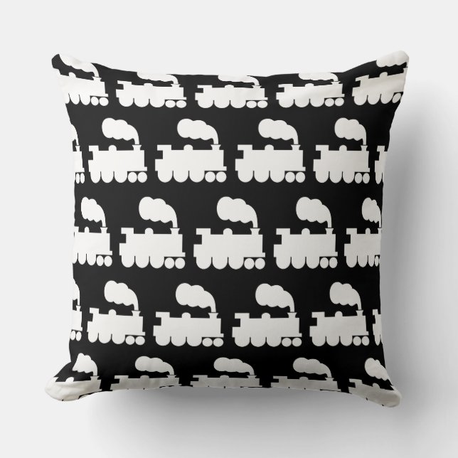 Steam Train Pattern - White on Black Throw Pillow (Front)