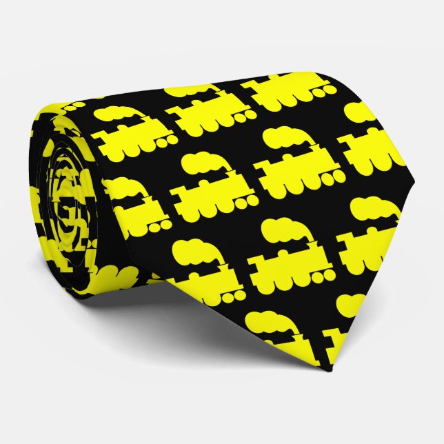 Steam Train Pattern - Yellow on Black Tie (Rolled)