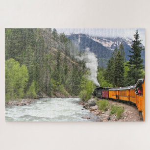 Steam train, river and mountains, Colorado Jigsaw Puzzle