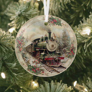 Steam Train Through Snowy Pines  Glass Ornament