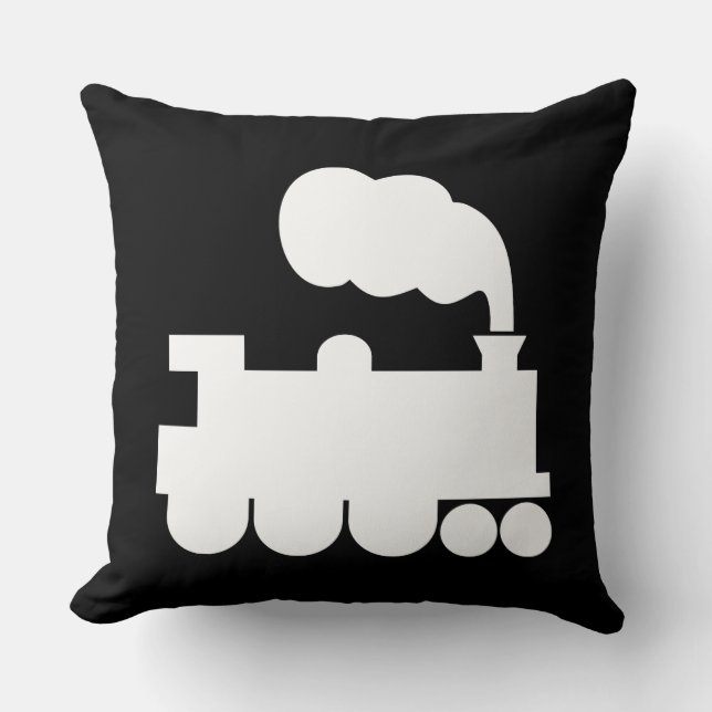 Steam Train  - White on Black Throw Pillow (Front)
