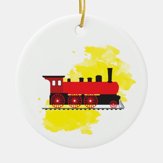 Steam Train with Watercolor Background Design Ceramic Ornament (Front)