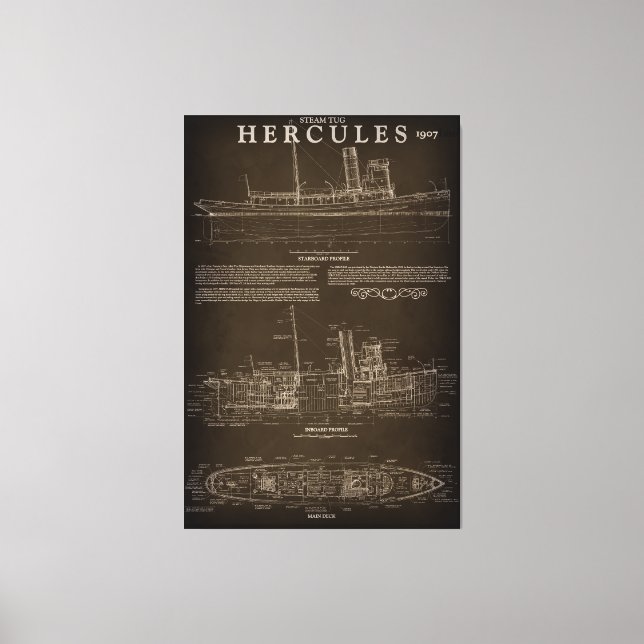 Steam Tugboat HERCULES Blueprint 1907 Canvas Print (Front)