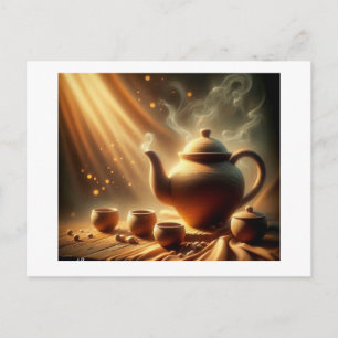 Steaming Clay Teapot And Cups On Table, Postcard