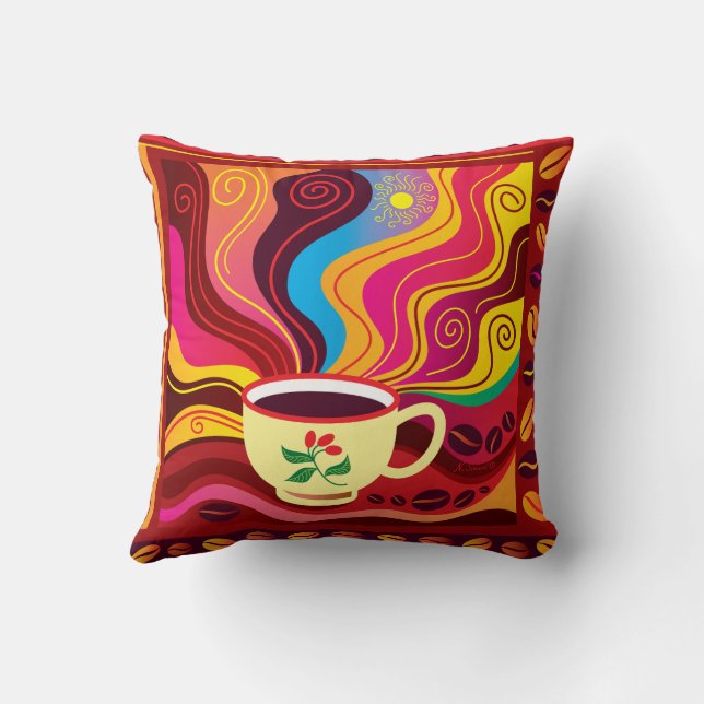 Steaming Coffee Cup Pattern Throw Pillow (Back)