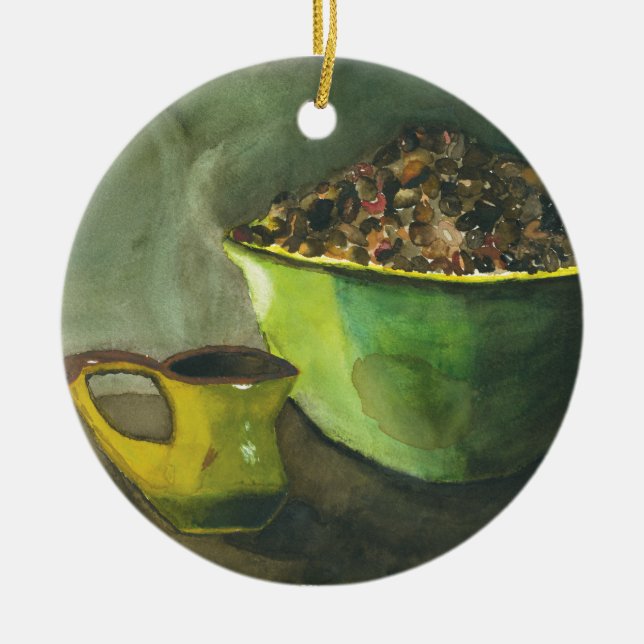 Steaming Morning Cup of Coffee Bowl Coffee Beans Ceramic Ornament (Front)