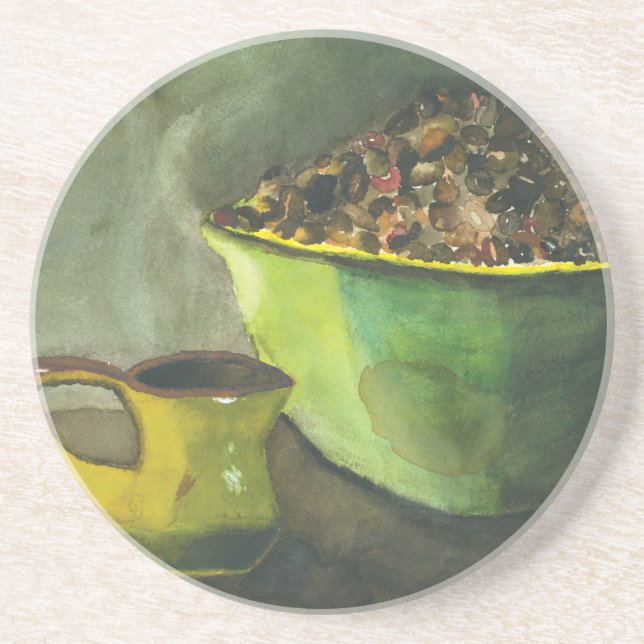 Steaming Morning Cup of Coffee Bowl Coffee Beans Coaster (Front)