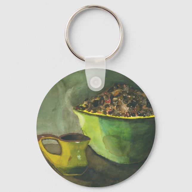 Steaming Morning Cup of Coffee Bowl Coffee Beans Keychain (Front)