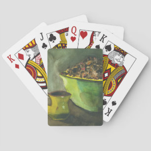 Steaming Morning Cup of Coffee Bowl Coffee Beans Playing Cards